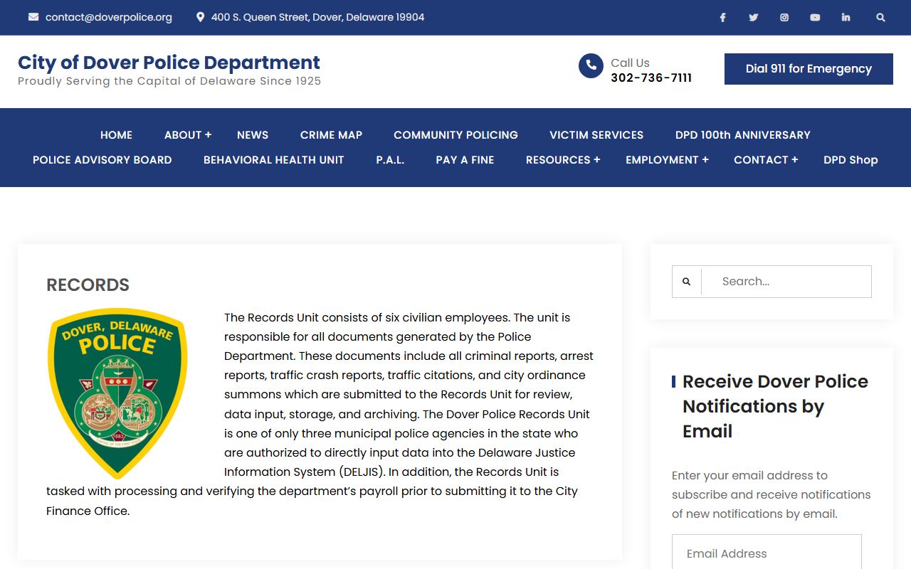 Dover Delaware police department records page for criminal history