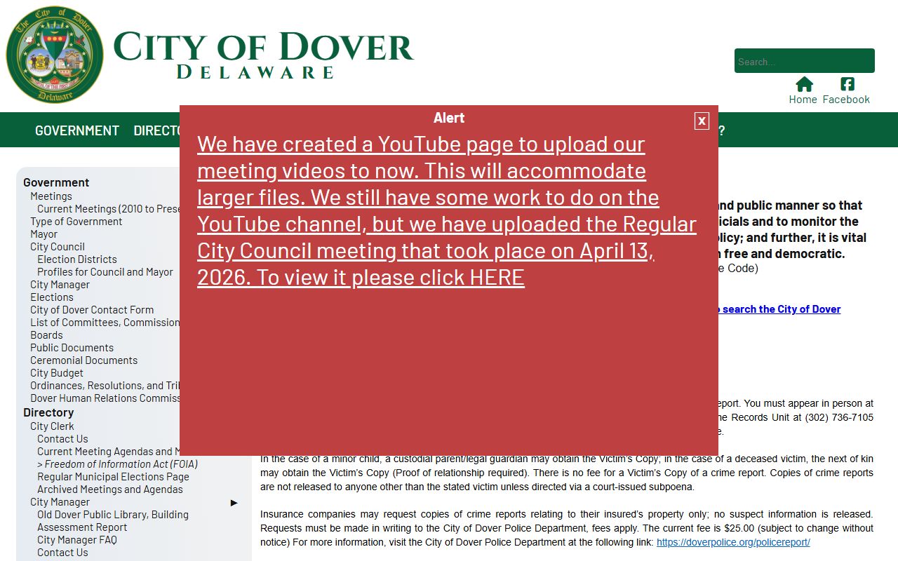 City of Dover Delaware FOIA portal for criminal history requests