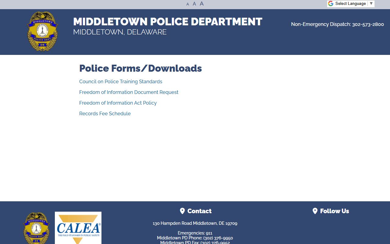 Middletown criminal history records forms page