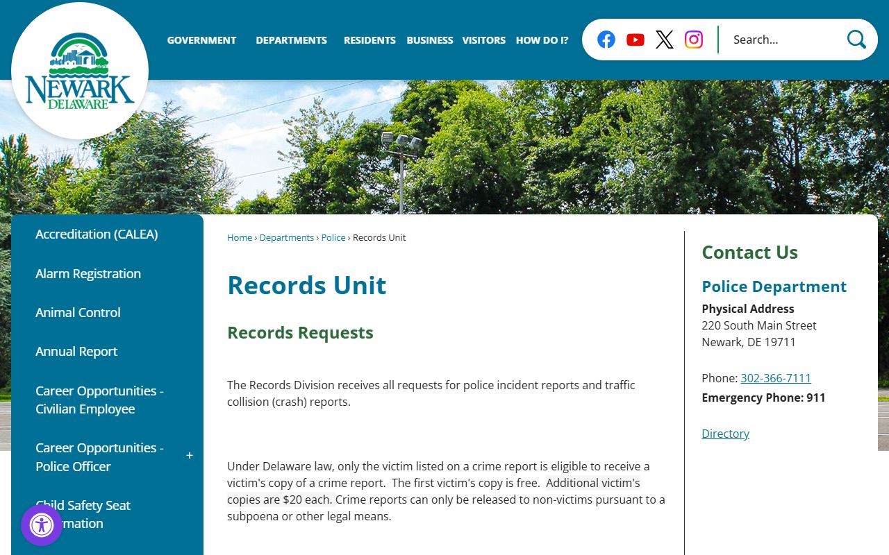 Newark PD Records Unit page for Newark criminal history records