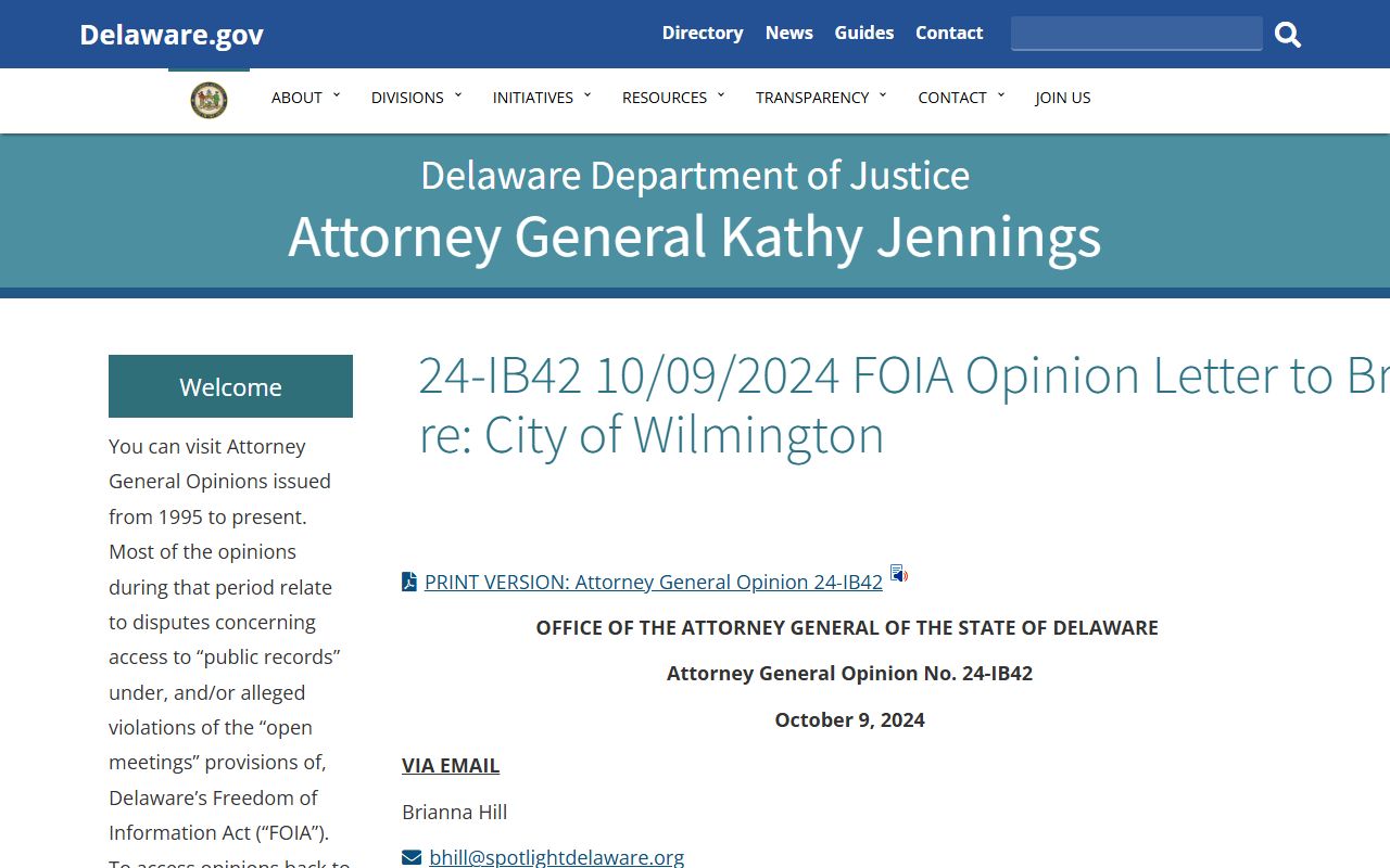 Wilmington FOIA opinion letter for criminal history records access