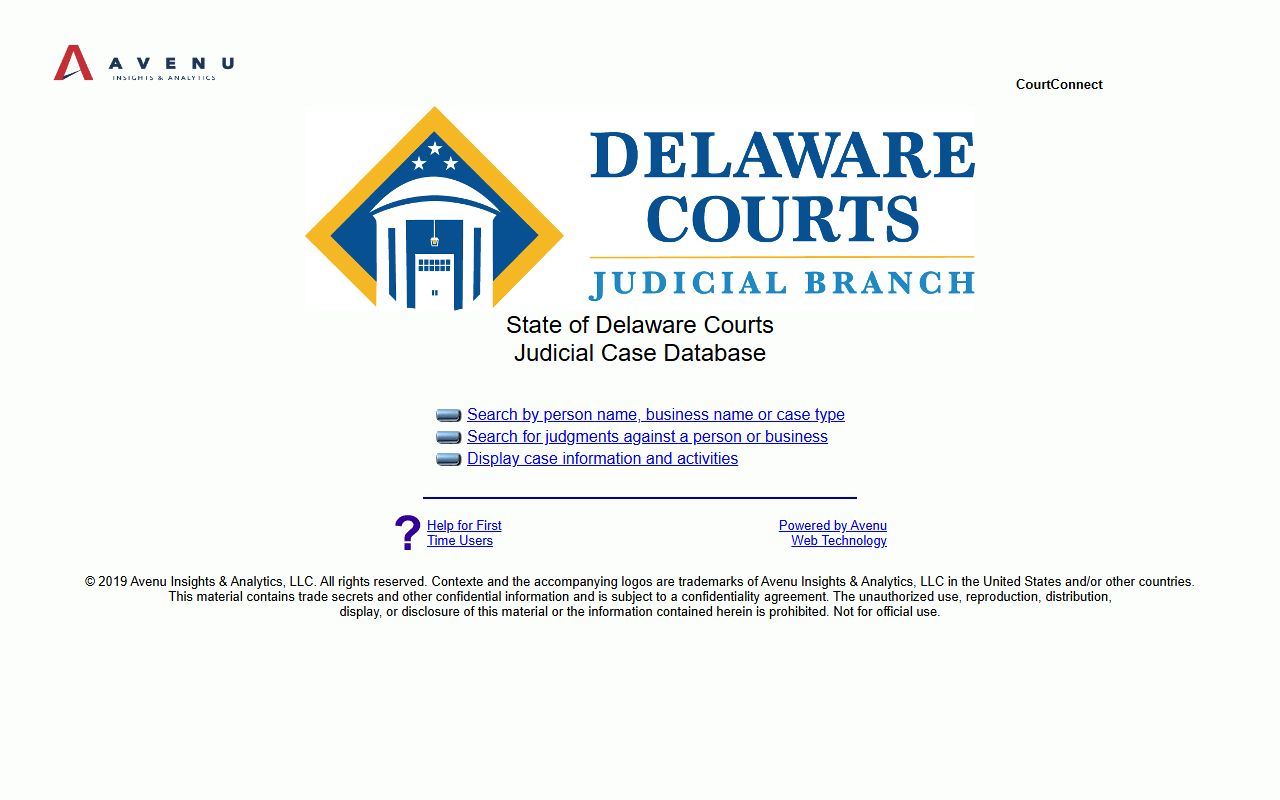 Delaware CourtConnect online case search login page