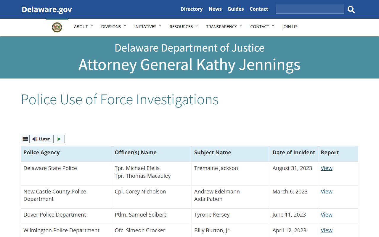 Delaware DOJ use of force investigations page