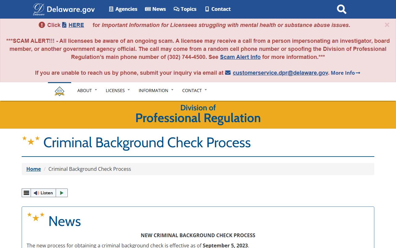 Delaware Division of Professional Regulation criminal background check process page