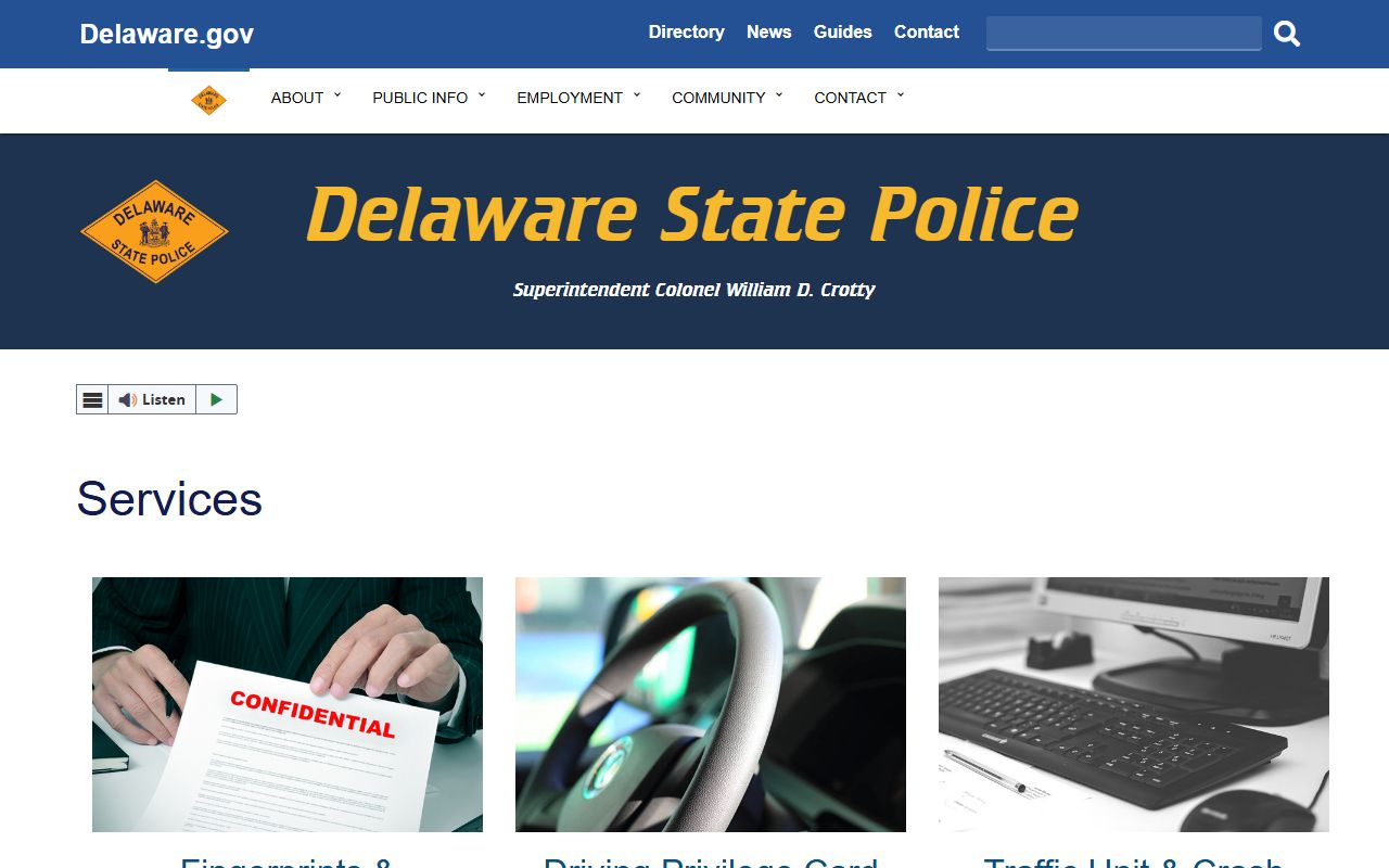 Delaware State Police services page with criminal history links