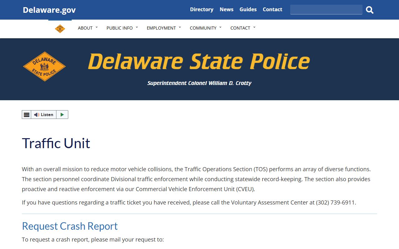Delaware State Police traffic unit services page
