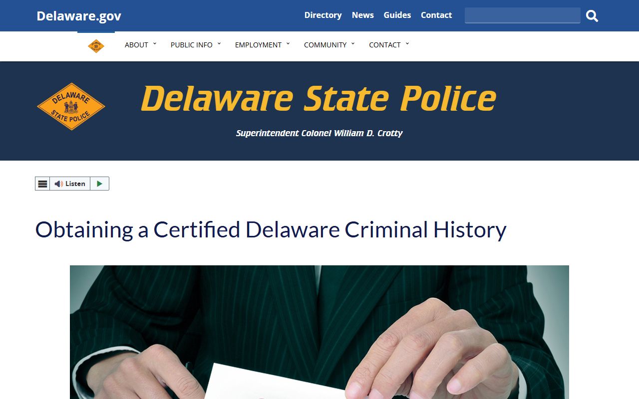 Delaware SBI certified criminal history main page