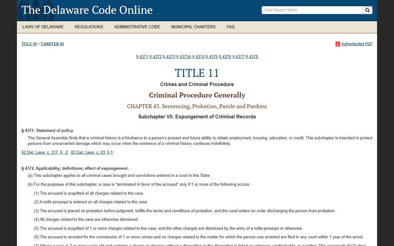 Delaware Title 11 expungement laws on the Delaware Code site